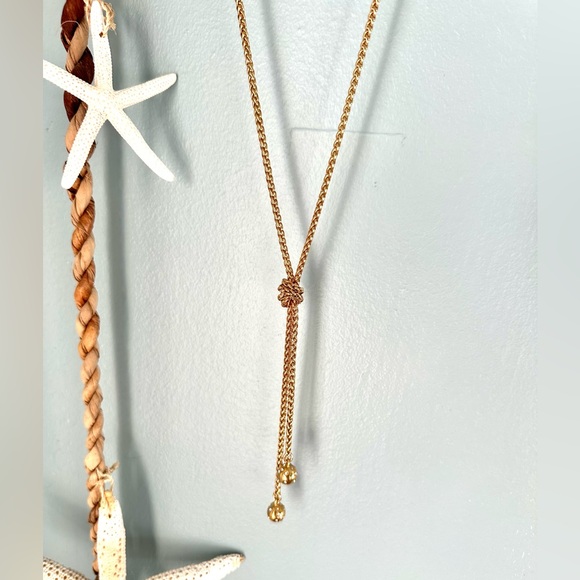 Ann Taylor Gold Tone Rhinestone Ball Drops Lariat Style Chain Necklace NWT - Picture 2 of 8